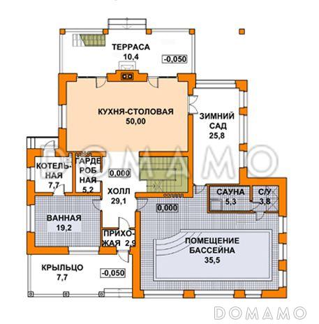 Проект дома с двускатной крышей, бассейном, зимним садом и небольшим подвалом / План 1 этажа