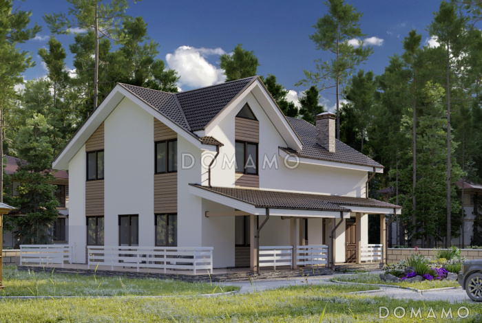 Проект дома с террасами, совмещенной кухней-гостиной, сауной, мастер-спальней на мансардном этаже