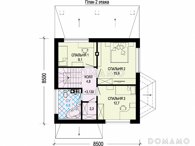 Проект одноэтажного мансардного дома из газобетона с тремя спальнями, кабинетом, эркером и крытой террасой / План мансардного этажа