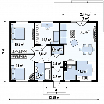 Проект одноэтажного дома адаптированного для каркасного строительства с тремя спальнями и крытой террасой / План 1 этажа