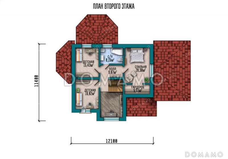 Проект двухэтажного дома с панорамным светлым окном и французским балконом в классическом стиле с эркером / План 2 этажа