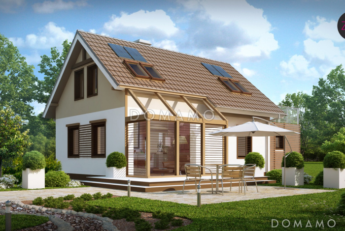 Проект одноэтажного мансардного дома из кирпича с открытой террасой над гаражом