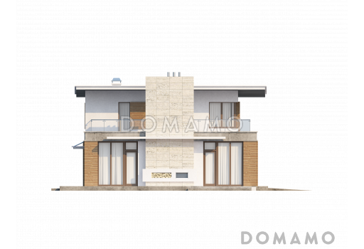 Проект современного двухэтажного дома из газобетона с плоской крышей,  с четырьмя спальнями, просторным кабинетом и гаражом  / Фасад 2