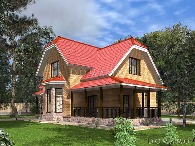 Проект полутораэтажного коттеджа с яркой облицовкой и открытой террасой из СИП панелей