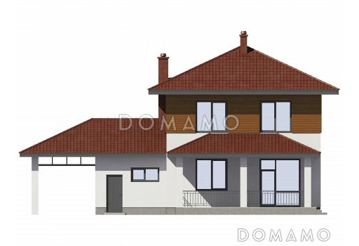 Проект двухэтажного дома с гаражом и навесом для автомобилей / Фасад 4