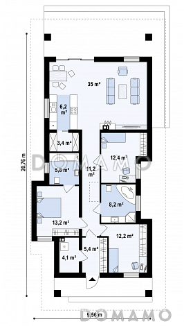 Проект комфортного одноэтажного дома из газобетона с тремя спальнями / План 1 этажа