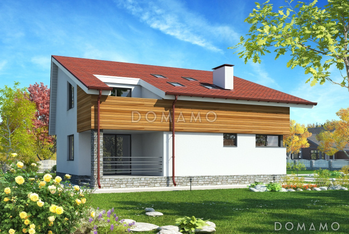 Проект дома с террасами, мансардными окнами, балконом, комнатой отдыха на первом этаже