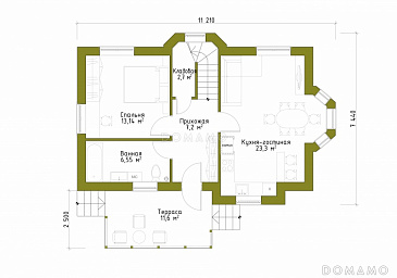 Проект небольшого каркасного дома с большим крыльцом и эркером. / План 1 этажа