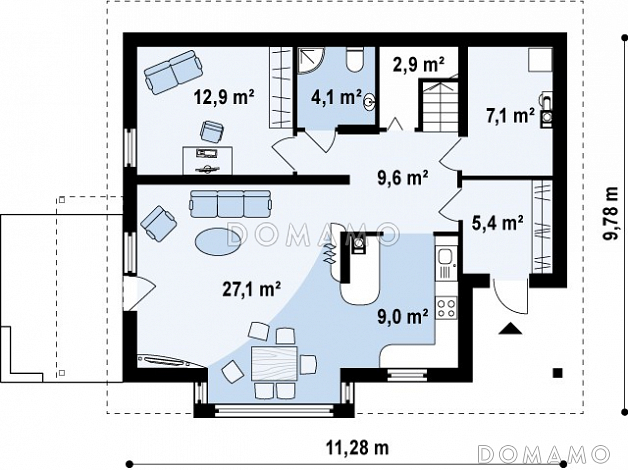 Проект полутораэтажного мансардного дома с кабинетом на первом этаже под каркасное строительство / План 1 этажа