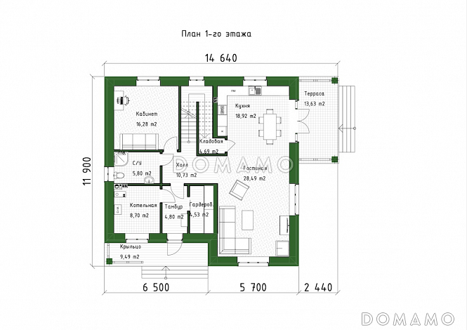 Проект двухэтажного дома из газобетона с террасой, кабинетом и 3 спальнями / План 1 этажа
