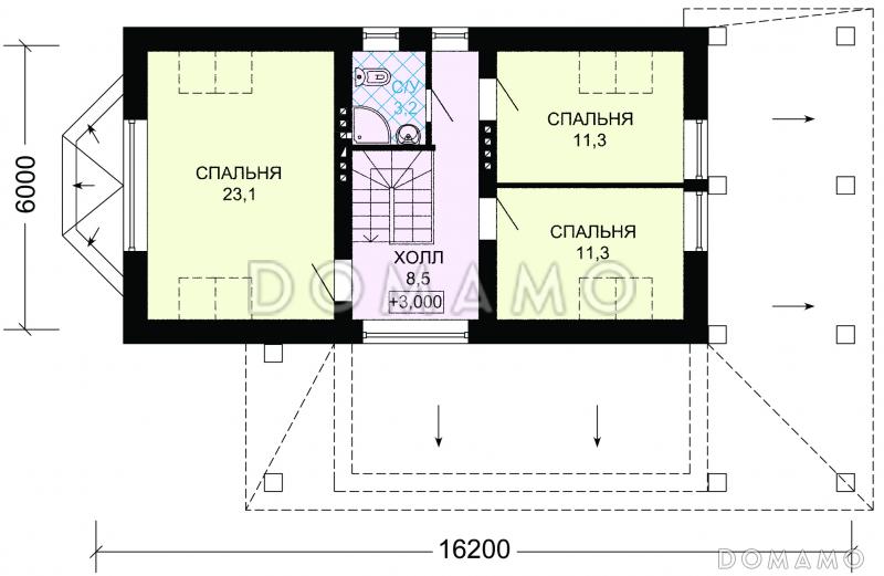 Проект великолепного дома из темного кирпича с верандой и зеленой крышей / План мансардного этажа