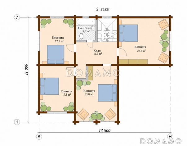 Проект деревянного дома с камином / План мансардного этажа