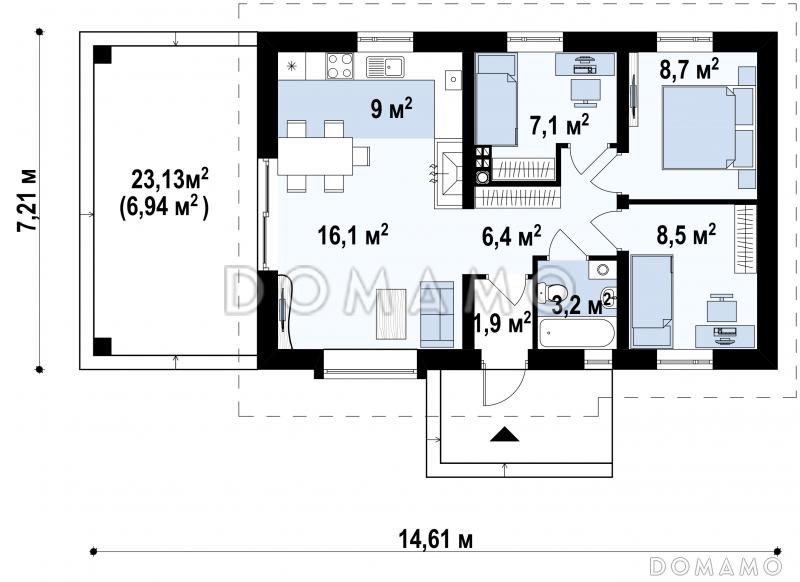 Проект компактного одноэтажного дома из газобетона с тремя спальнями, с высоким остеклением в гостиной / План 1 этажа