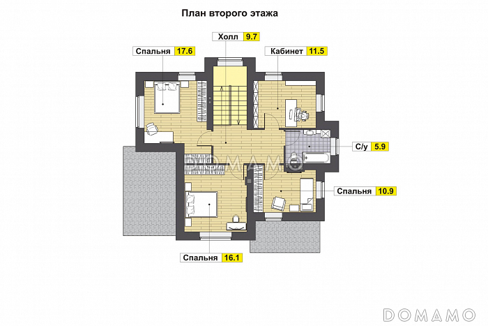 Проект дома с небольшой крытой террасой, эркерами, гостевой на первом этаже, кладовой под лестницей, кабинетом / План 2 этажа