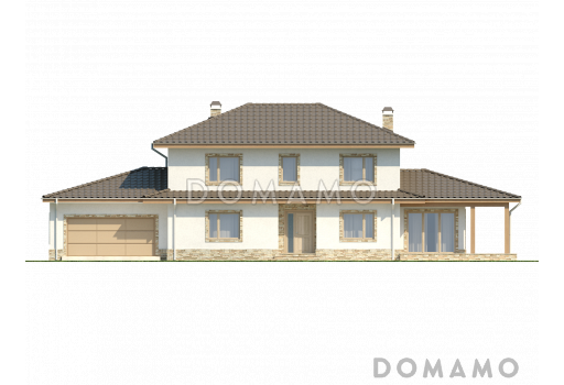 Проект красивого просторного двухэтажного коттеджа из кирпича с крытой террасой и гаражом / Фасад 1