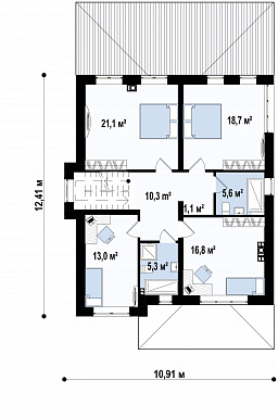 Проект двухэтажного дома с подвалом, спальней на первом этаже, просторной гостиной с выходом на террасу, кладовой в кухне / План 2 этажа