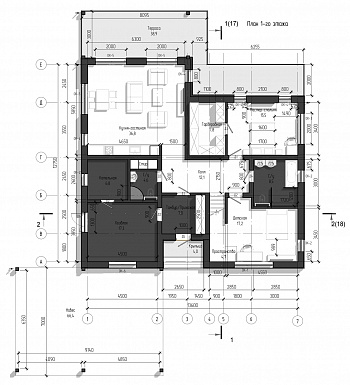 Проект большого дома с навесом для автомобилей, 2 спальнями и кабинетом на втором уровне / План 1 этажа