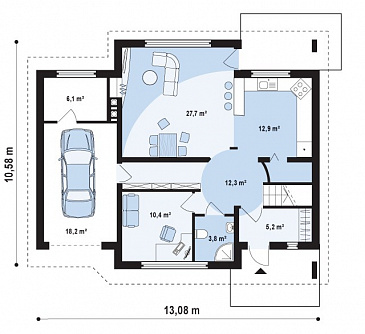 Проект одноэтажного мансардного дома из газобетона с кабинетом, тремя спальнями и гаражом / План 1 этажа