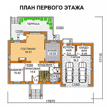 Проект дома с эркером в гостиной и гаражом для двух машин / План 1 этажа