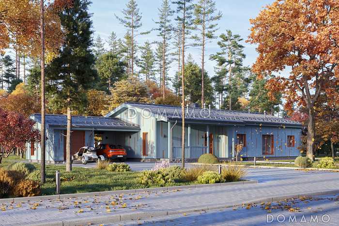 Проект каркасного дома с 3 спальнями, террасой и отдельным хозблоком