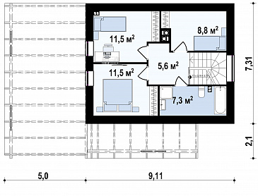 Проект компактного одноэтажного мансардного дома из газобетона с дополнительной спальней на первом этаже и большой крытой террасой / План мансардного этажа