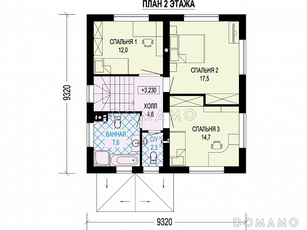 Проект загородного дома с отдельным входом в котельную,  спальней на первом этаже, ванной и санузлом на втором этаже / План 2 этажа