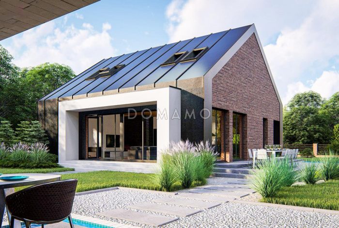 Проект загородного дома с мансардным этажом, гаражом, кабинетом и просторной гостиной