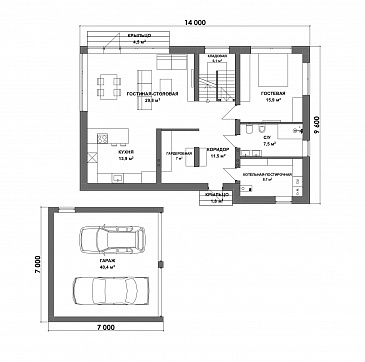Проект двухэтажного дома с большими спальнями, гостевой комнатой и просторной гостиной / План 1 этажа