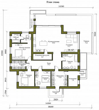 Проект одноэтажного просторного дома в стиле хай-тек с эксплуатируемой кровлей и просторной террасой / План 1 этажа