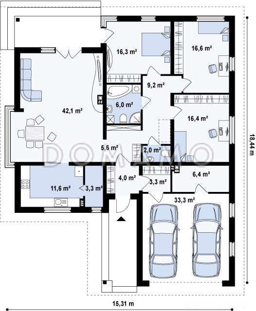 Проект одноэтажного дома из кирпича со стеклянным эркером в более просторной гостиной и гаражом на два автомобиля / План 1 этажа