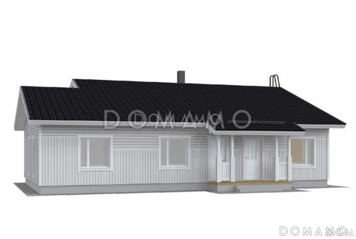 Проект газобетонного дома с двускатной крышей, панорамным округлым остеклением