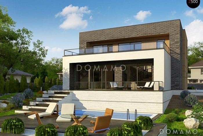 Проект современного двухэтажного дома из кирпича с плоской крышей, с четырьмя комнатами, гаражом и террасами на двух уровнях