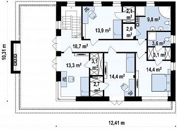 Проект современного двухэтажного дома из газобетона с плоской крышей,  с четырьмя спальнями, просторным кабинетом и гаражом  / План 2 этажа