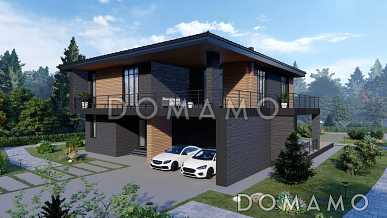 Проект дома в стиле хай-тек с 3 спальнями, большой гостиной, сауной и двухместным автонавесом