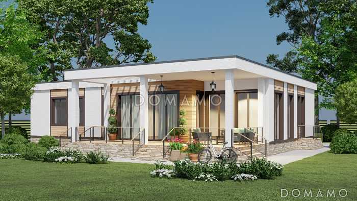 Проект просторного одноэтажного кирпичного дома в стиле хай-тек с тремя спальнями и террасой