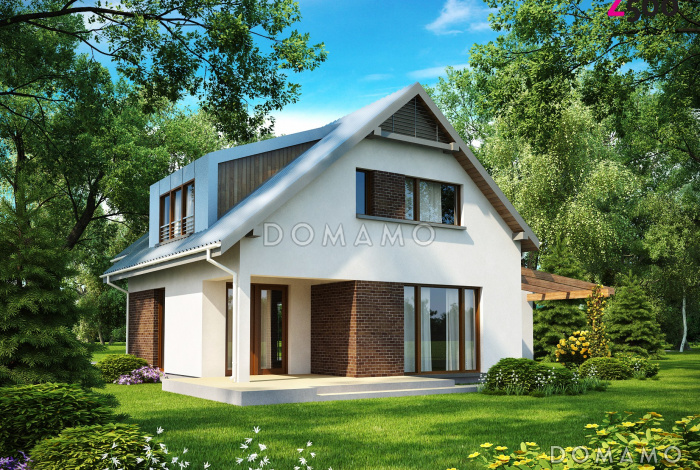 Проект современного одноэтажного мансардного дома из газобетона с тремя комнатами, угловой террасой и гаражом