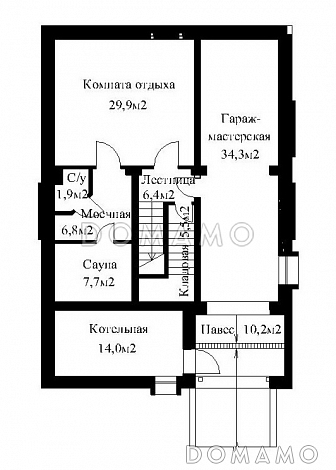 Проект жилого дома для сблокированного строительства на площадке с рельефом / План цокольного этажа