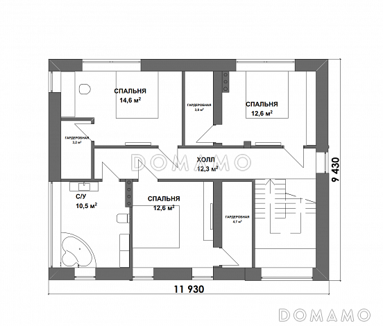 Проект двухэтажного дома в стиле хай-тек с террасой, 3 спальнями и личными гардеробными / План 2 этажа