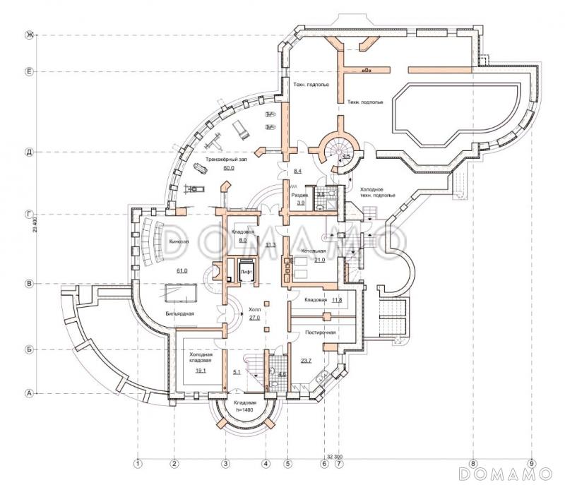 Проект коттеджа с бассейном и зимним садом в стиле северного модерна / План цокольного этажа