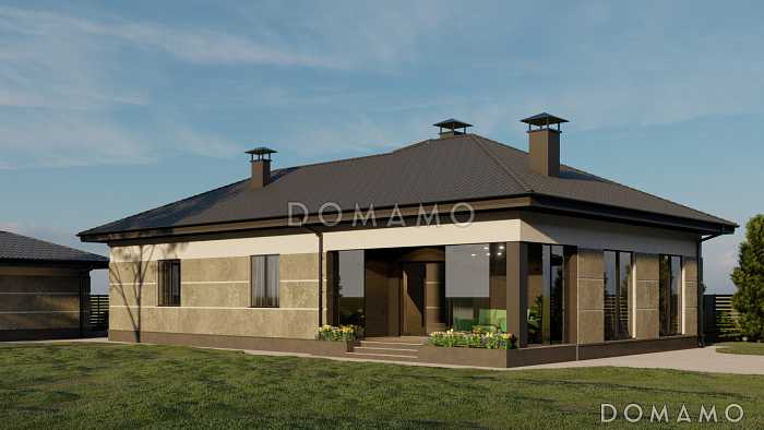 Проект одноэтажного газобетонного дома с двумя спальнями, гардеробными, кладовой на кухне и крытой террасой