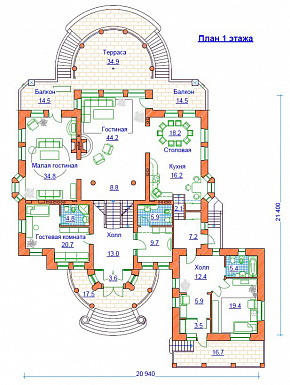 Проект жилого дома с небольшим бассейном на цокольном этаже / План 1 этажа
