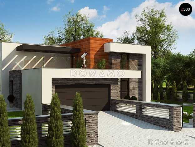 Проект современного двухэтажного дома из газобетона с плоской крышей, со вторым светом, террасами на двух уровнях и гаражом