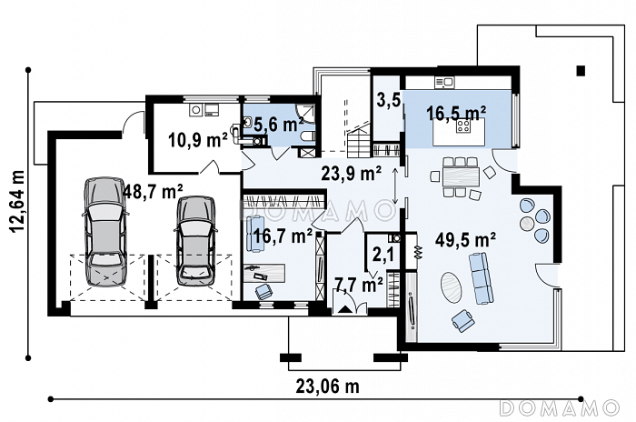 Проект современного двухэтажного дома в стиле хай-тек из кирпича с плоской крышей, балконом и гаражом с двумя отдельными въездами / План 1 этажа