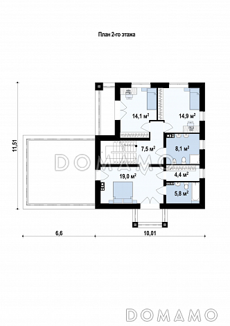 Проект современного двухэтажного дома из газобетона балконом, лоджией и открытой террасой над двухместным гаражом / План 2 этажа