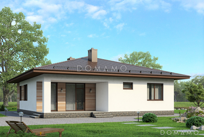 Проект одноэтажного дома из пенобетона с тремя спальнями, шатровой крышей и комбинированной облицовкой