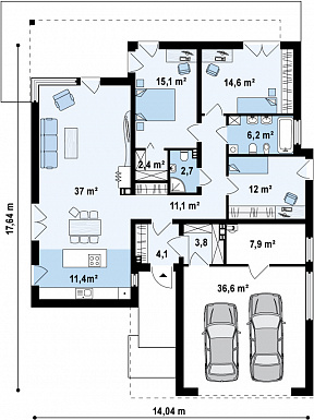 Проект просторного современного одноэтажного дома из кирпича с гаражом и тремя спальнями / План 1 этажа