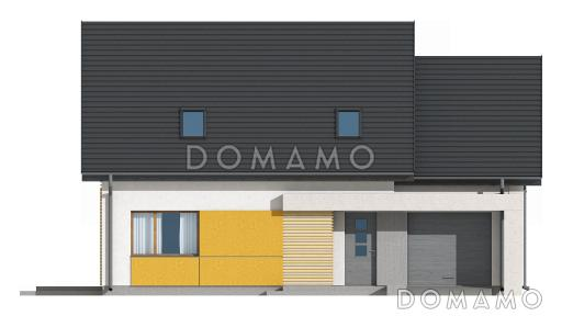 Проект одноэтажного мансардного дома из газобетона с большой гостиной, гаражом и частично крытой террасой / Фасад 2