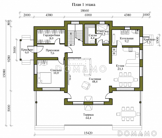 Проект двухэтажного газобетонного дома с просторной террасой, сауной и пятью спальнями / План 1 этажа
