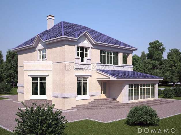 Проект дома гостиная с гаражом на два автомобиля, необычным двугранным эркером и зимним садом