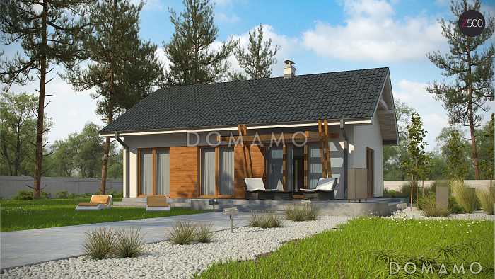 Проект простого компактного одноэтажного дома из кирпича с открытой террасой